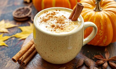 Cozy autumn scene featuring a warm pumpkin spice latte in a rustic setting with seasonal decor