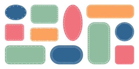 Colorful doodle label set in various shapes. Simple flat frames with scribble lines border. Great for tags, stickers, packaging labels, card, text highlight, social media, handmade product, DIY design