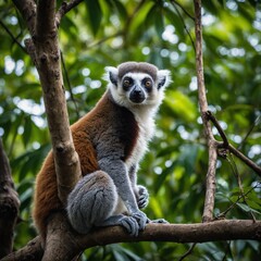 Fototapeta premium A rare Blue-eyed lemur sitting on a tree branch, with a vivid jungle canopy behind.