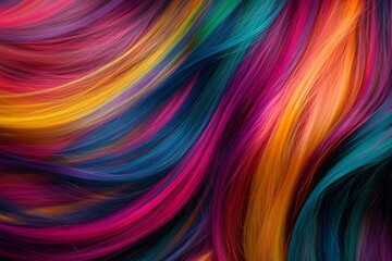 Fototapeta premium A captivating close-up view of rainbow hair flowing with vibrant colors, including red, blue, purple, yellow, and pink, forming an eye-catching abstract design
