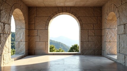 Fototapeta premium Serene stone chamber with arched openings showcasing a picturesque vista of distant hills and lush vegetation