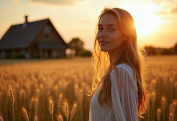 Country life, beautiful woman standing in wheat field at sunset in front of her country house