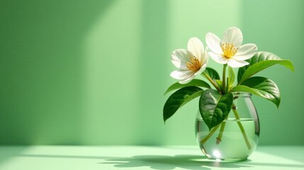 Elegant white blossoms in a clear glass vase, bathed in soft sunlight against a serene green backdrop
