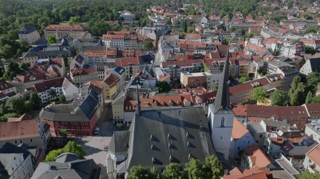 Aerial Drone shot of Weimar old town cultural city in Thuringia, Germany. Summer Day. 