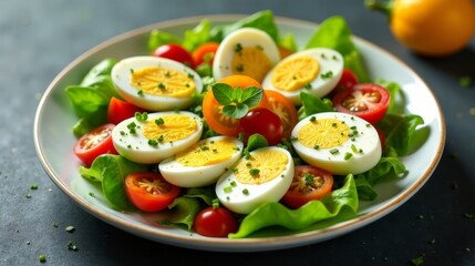 Refreshing egg and greens salad with sliced cherry tomatoes and herbs