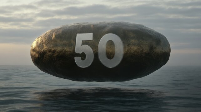 Number 50 on a Golden Rock Floating on a Calm Ocean at Sunset