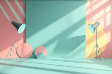 clean 3D backdrop featuring geometric shapes, soft shadows, and pastel colors creates modern and artistic atmosphere. interplay of light and color adds depth and interest