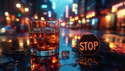 Whiskey Glass with Ice on Table beside "STOP" Sign, Nighttime Blurred Street Lights in Background, Dramatic Contrast, Urban Ambiance, Bar Scene, Drinking Moment, Road Safety Symbol, Neon Sign, 