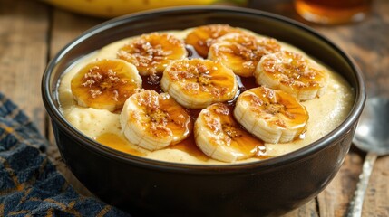 A banana mousse in a dessert bowl, topped with caramelized banana slices and a drizzle of honey
