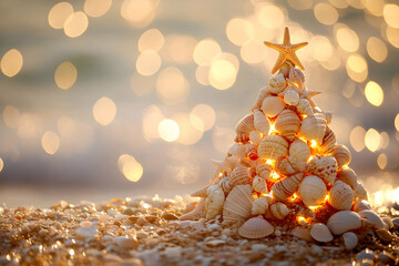 
A Christmas tree made of seashells stands on the beach, with starfish as its topper. The background is blurred, and there is a lot of light in it