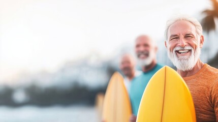 Three older men gather on the beach holding bright yellow surfboards and sharing joyful smiles under the warm sun