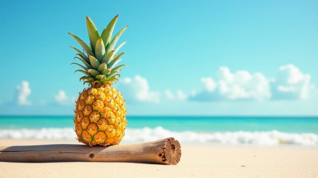 Tropical Pineapple Resting on Driftwood at the Beach Under a Sunny Sky