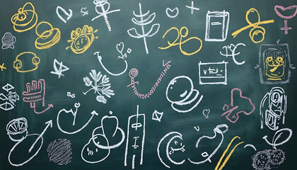 Random chalkboard scribbles and abstract sketches fill the screen in white, yellow, and soft pastel hues. 