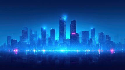 A futuristic city skyline illuminated in blue and purple, reflecting off water, creating a vibrant and modern atmosphere.