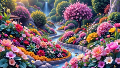 Dreamlike Botanical Landscape Create a landscape where flowers and plants flow like liquid, merging together in a rich tapestry of colors.