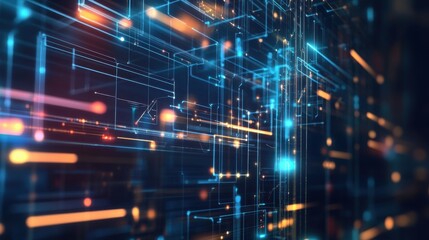 A vibrant digital abstract image featuring glowing lines and shapes, representing technology and data flow in a futuristic setting.