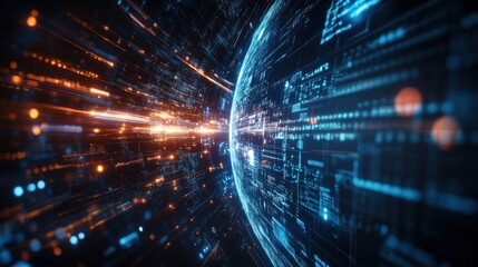 Fototapeta premium A dynamic digital scene depicting a globe surrounded by vibrant data streams, symbolizing technology and connectivity.