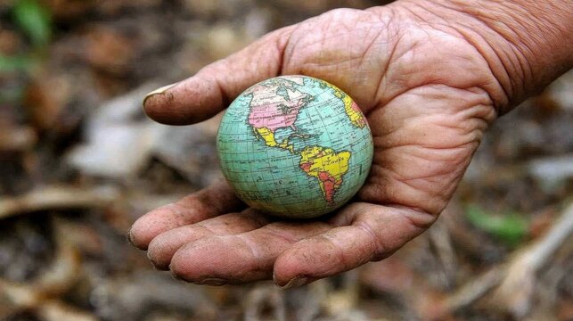 Close Up of a Weathered Hand Gently Holding a Small Vintage Globe