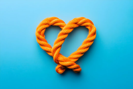 
A heart-shaped knot made of orange rope on a blue background, flat lay, close-up. - Powered by Adobe