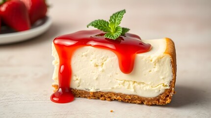 "A slice of rich, creamy cheesecake with a graham cracker crust, topped with glossy strawberry sauce and a fresh mint leaf.