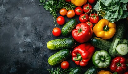 Fresh, vibrant vegetables arranged on dark surface