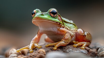 Naklejka premium A striking close-up of a vibrant green frog perched on rocks, emphasizing the intricate details of its skin and mesmerizing eyes, showcasing the beauty of the natural world.