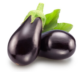 Two aubergines or eggplants isolated on white background. File contains clipping path.