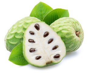 Cherimoya or custard apple fruit and slice of fruit isolated on white background. Clipping path
