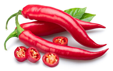 Red hot chilli peppers, chili slices and green leaves isolated on white background. File contains clipping paths.