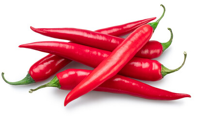 Fresh red hot chilli peppers isolated on white background. File contains clipping paths.