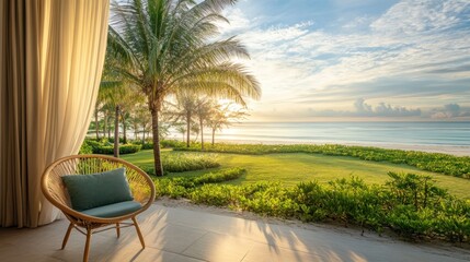 Fototapeta premium A beachfront hotel reading nook with a cozy chair, soft lighting, and an ocean breeze.