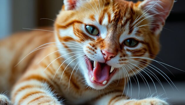 Close-up of an orange cat yawning
