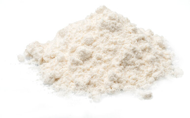 Pile of white wheaten flour isolated on white background. Baking product which is main ingredient in the preparation of pasta, cakes and bread.