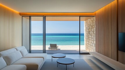 Fototapeta premium A beachfront hotel suite with a minimalist design, large sliding glass doors, and ocean breezes.