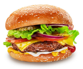 Beef patty cheeseburger with vegetables and cheese on white background. File contains clipping path.