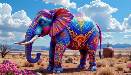 Obraz premium Prismatic Elephant Create an elephant adorned with intricate patterns that change color as it moves, set in a surreal landscape.