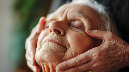 Elderly woman receiving gentle facial massage close up, senior care wellness therapy concept, compassionate hands supporting aging skin, relaxation and comfort treatment, healthcare caregiving moment,