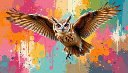 Whimsical Owl in Motion Imagine an owl soaring through a vibrant, abstract background, with its wings trailing cascading colors.