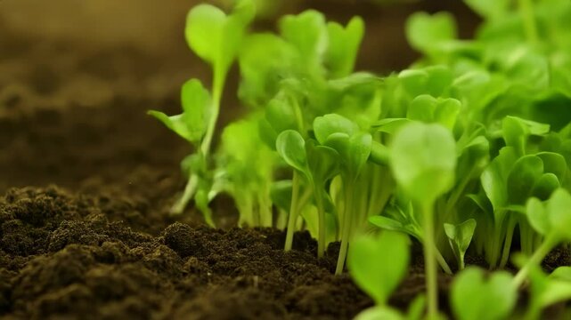 Experience the miracle of life unfold as cress salad seeds burst into life, transforming into a verdant display of thriving plants, accelerated by time-lapse photography.

