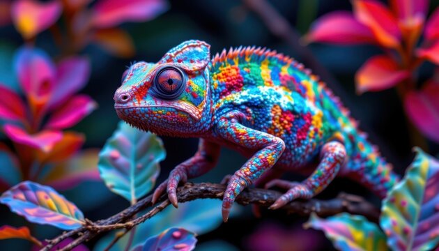 Chameleon of Colors Imagine a chameleon blending into a vibrant environment, its skin reflecting the hues of its surroundings in a dazzling display.