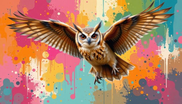 Whimsical Owl in Motion Imagine an owl soaring through a vibrant, abstract background, with its wings trailing cascading colors.