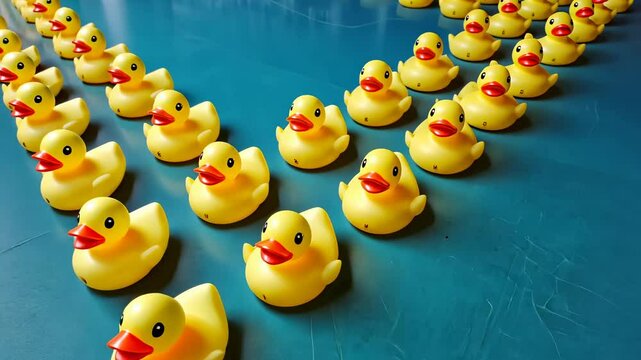 A pattern with rows of bright yellow rubber ducks on a turquoise background.