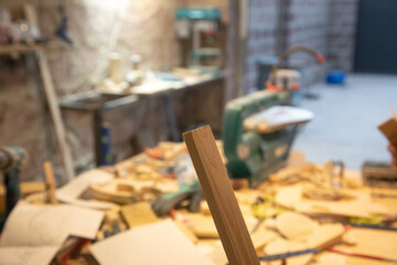 Woodworking workshop. Workplace for carving