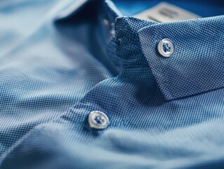 Detailed close-up showcases texture and pattern of a classic blue dress shirt, emphasizing collar, buttons, and crisp fabric
