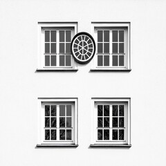 Fototapeta premium Geometric Building Facade with Rectangular Windows and Circular Detail
