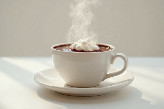A cup of rich hot chocolate topped with fluffy marshmallows. 