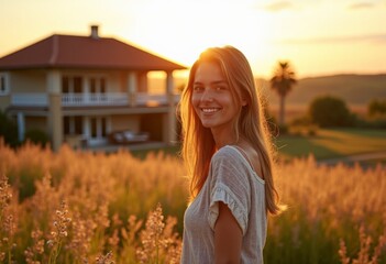 Beautiful landscape and country house, beautiful woman in front of her house at sunset
