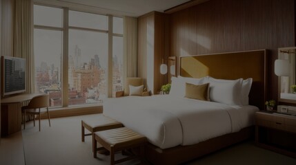 Fototapeta premium A contemporary luxury hotel bedroom with minimalist decor, floor-to-ceiling windows, and a smart TV.