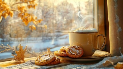 Fototapeta premium A cozy winter scene featuring hot cocoa and a stack of spiced molasses cookies.
