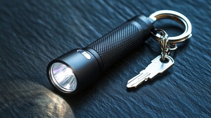 Compact flashlight and silver key on black surface